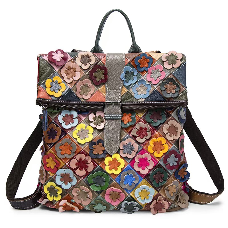 Fashion Backpack Women - 빈티지 여성 정품 가죽 백팩 꽃무늬