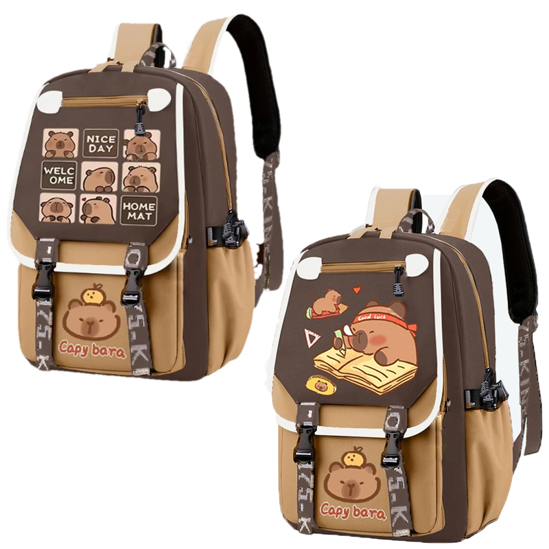 School Backpack Teen - Kawaii Capybara 세련된 카키색 키즈 배낭
