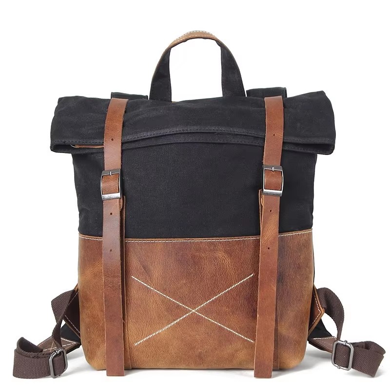 Leather Backpack Vintage - 패션 남성 백팩 왁스 캔버스 소가죽