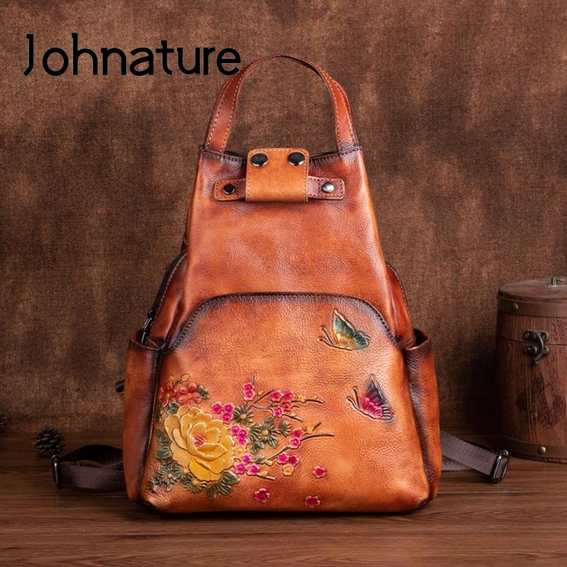 Leather Backpack Vintage - Johnature 정품 가죽 엠보싱 숄더 백
