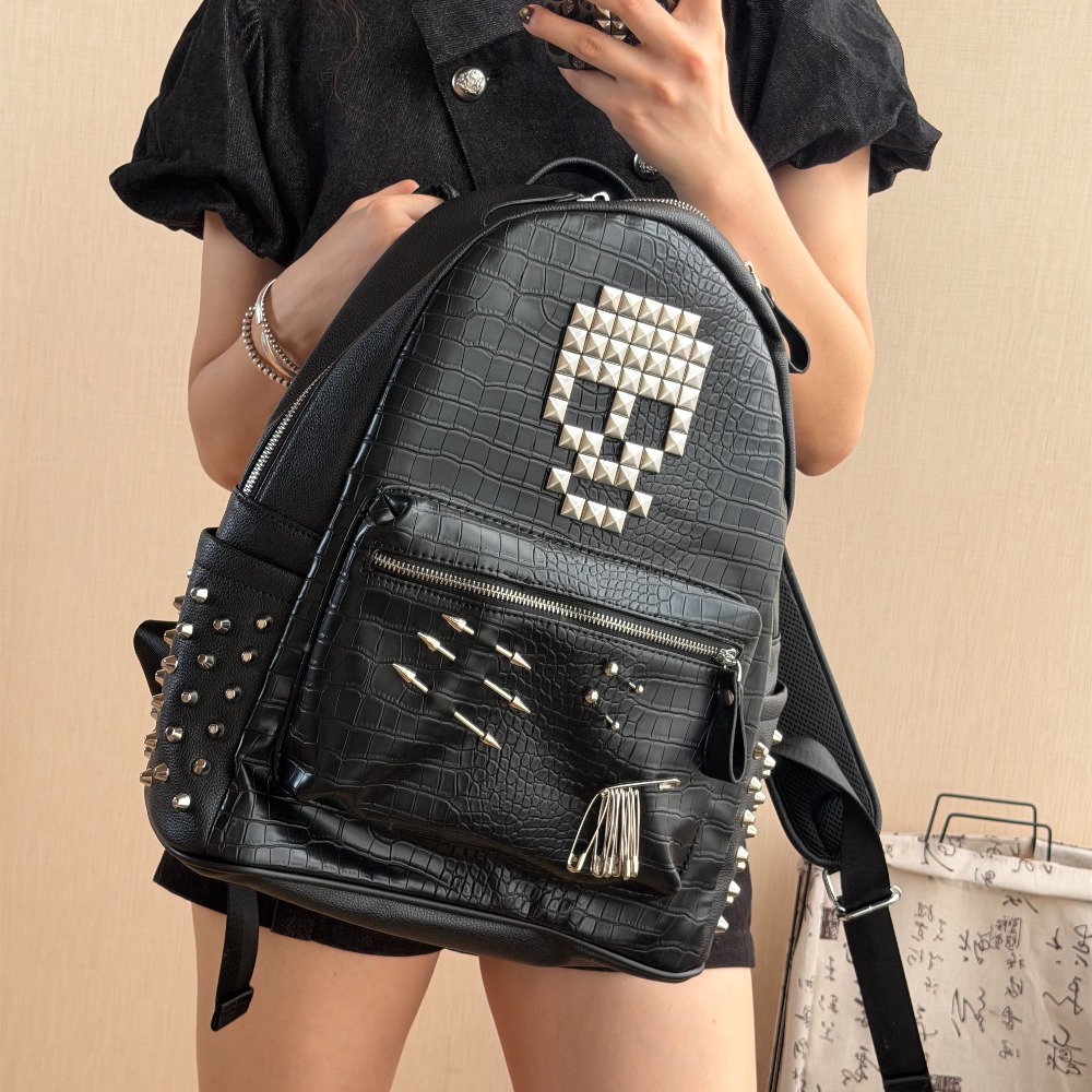 오리지널 블랙 악어 패턴 해골 리벳 백팩 핀 장식 스트 - Fashion Backpack Women 리뷰 및 가격