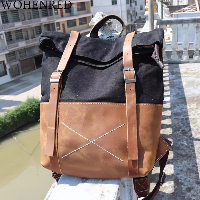 패션 남성 백팩 왁스 캔버스 소가죽 가죽 백팩 대용량  - Leather Backpack Vintage 리뷰 및 가격